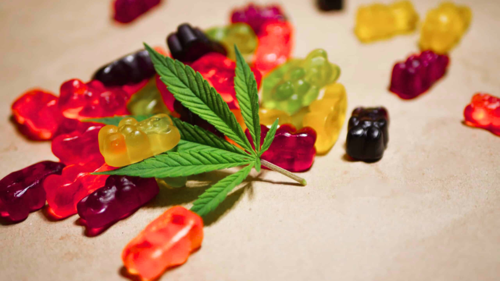 THC Gummies on white floor.