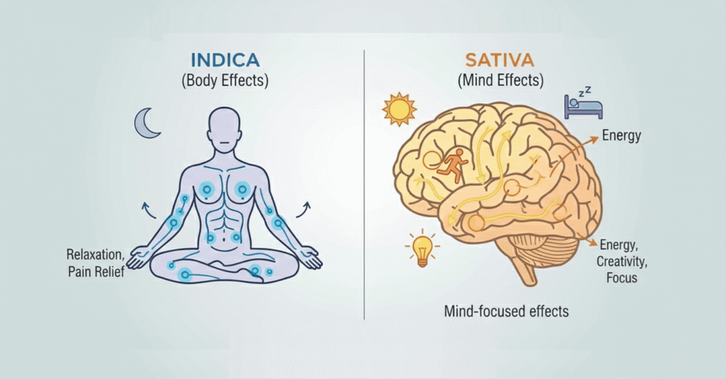 Is Indica or Sativa Better for Pain? What Actually Works. Indica vs sativa comparison graphic (body vs mind)