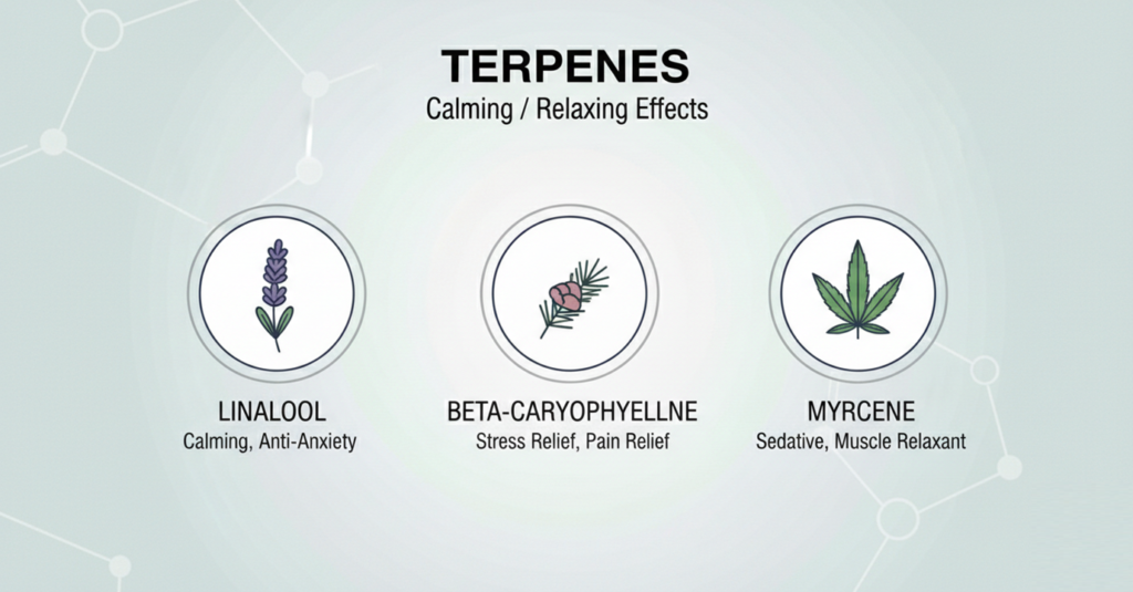 Terpene icons labeled calming / relaxing