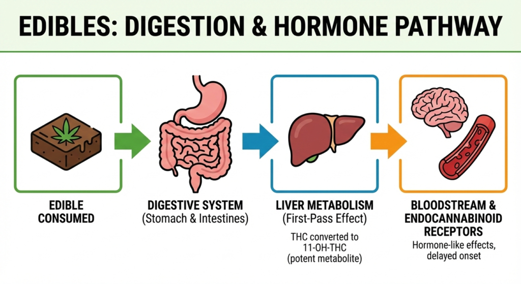 Edibles → digestion → hormone pathway graphic, Does Cannabis Affect Fertility? What the Research Really Says