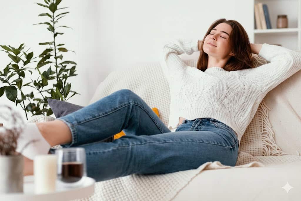 does sativa make you paranoid. Girl relaxing on the couch.