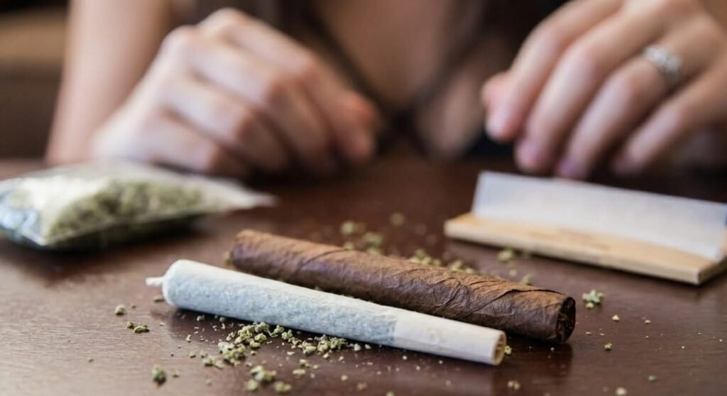 Rolled cannabis blunt next to a joint