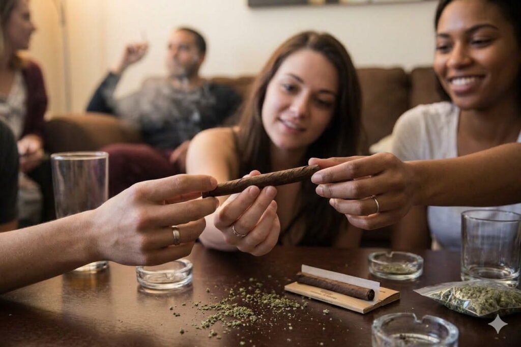 sharing cannabis blunt with friends. social cannabis use hybrid